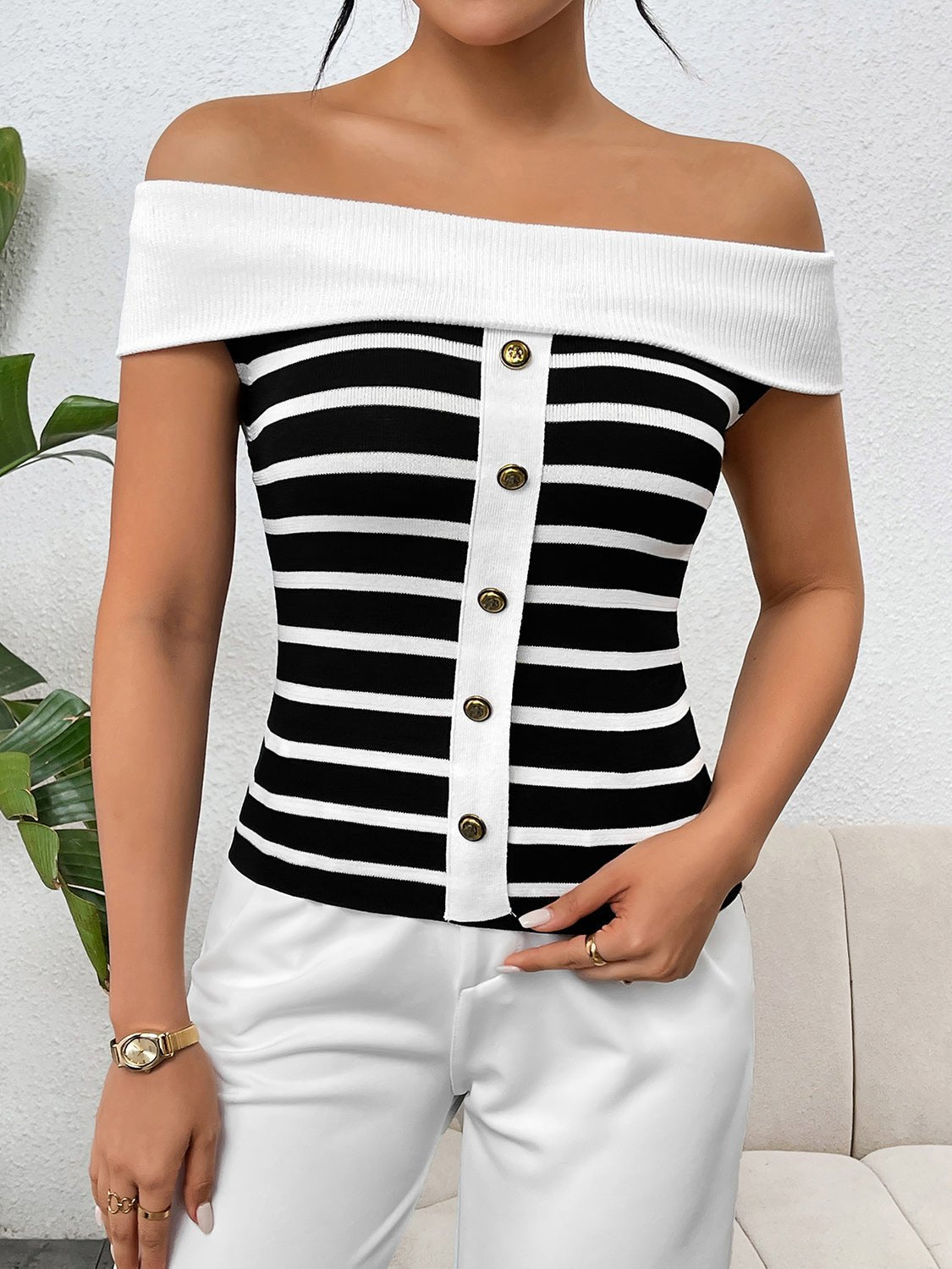 Decorative Button Striped Off - Shoulder Knit Top - Loulou Boutique