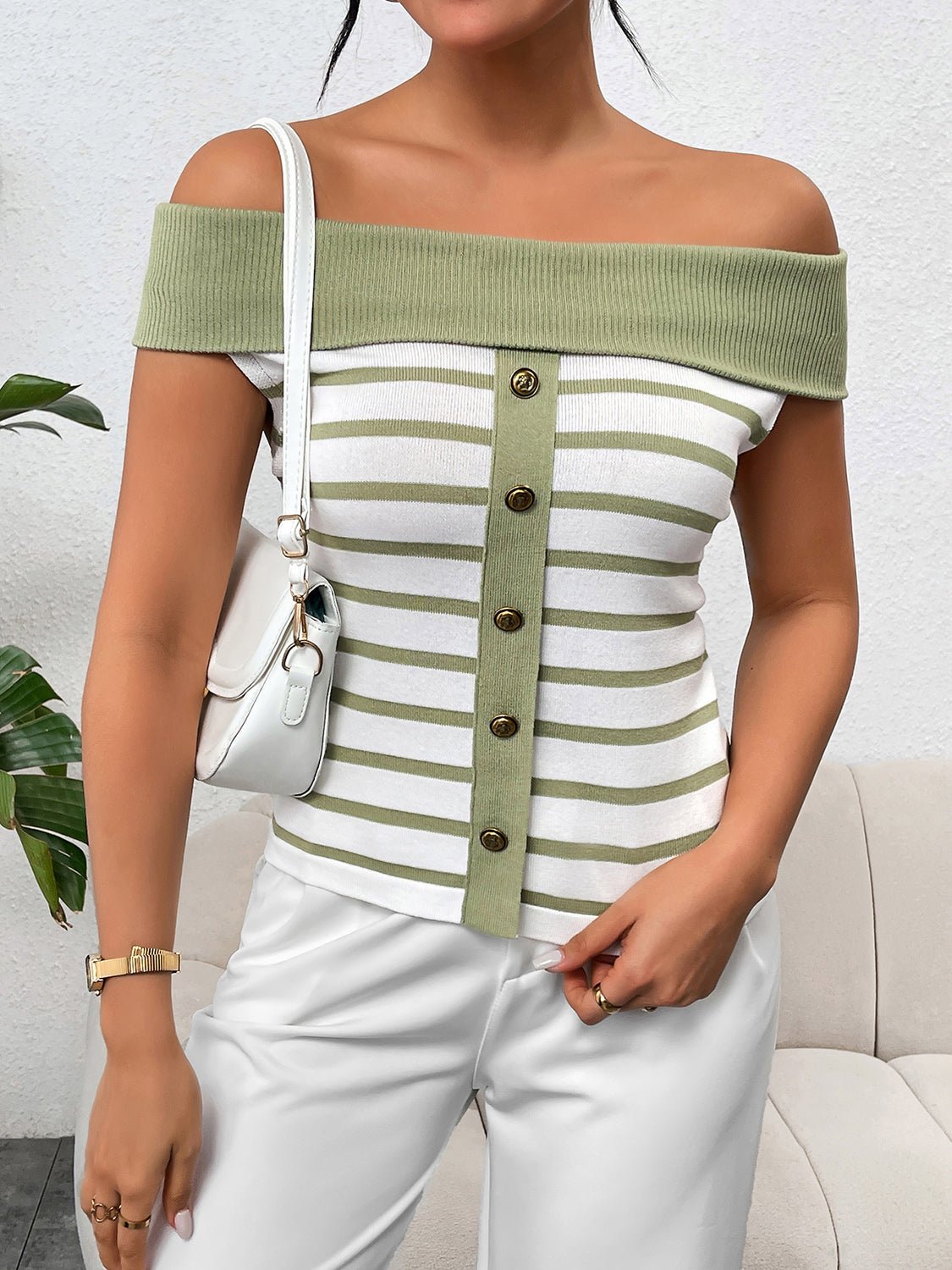 Decorative Button Striped Off - Shoulder Knit Top - Loulou Boutique