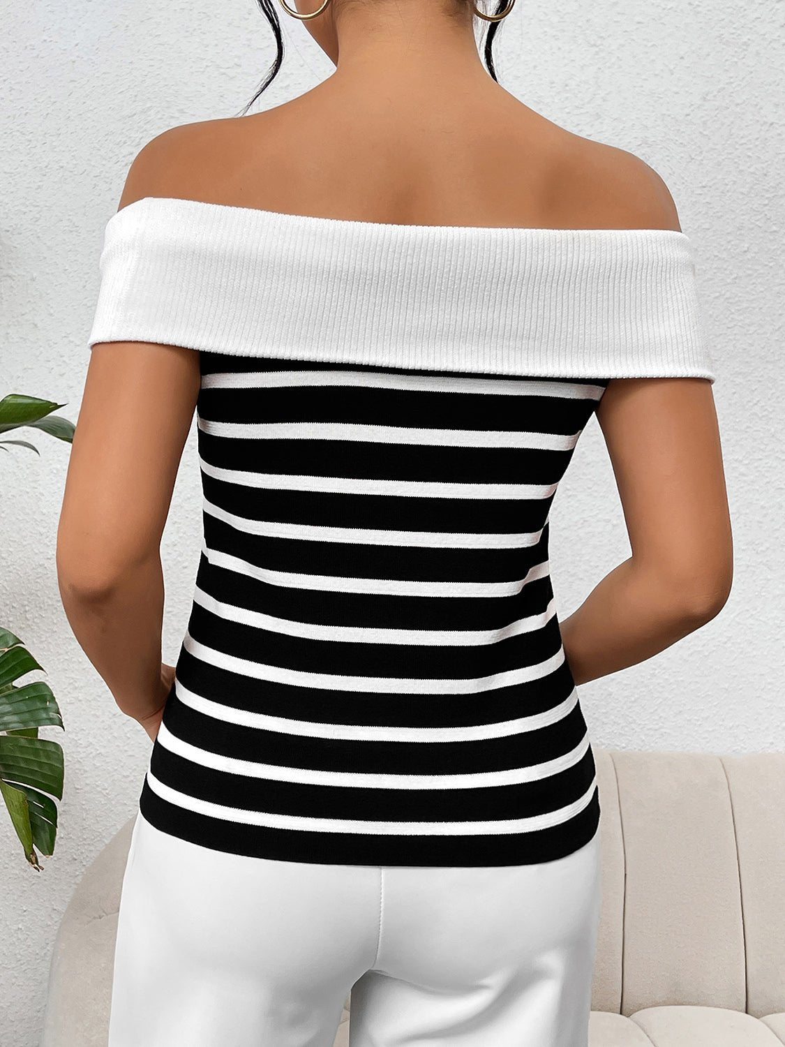 Decorative Button Striped Off - Shoulder Knit Top - Loulou Boutique