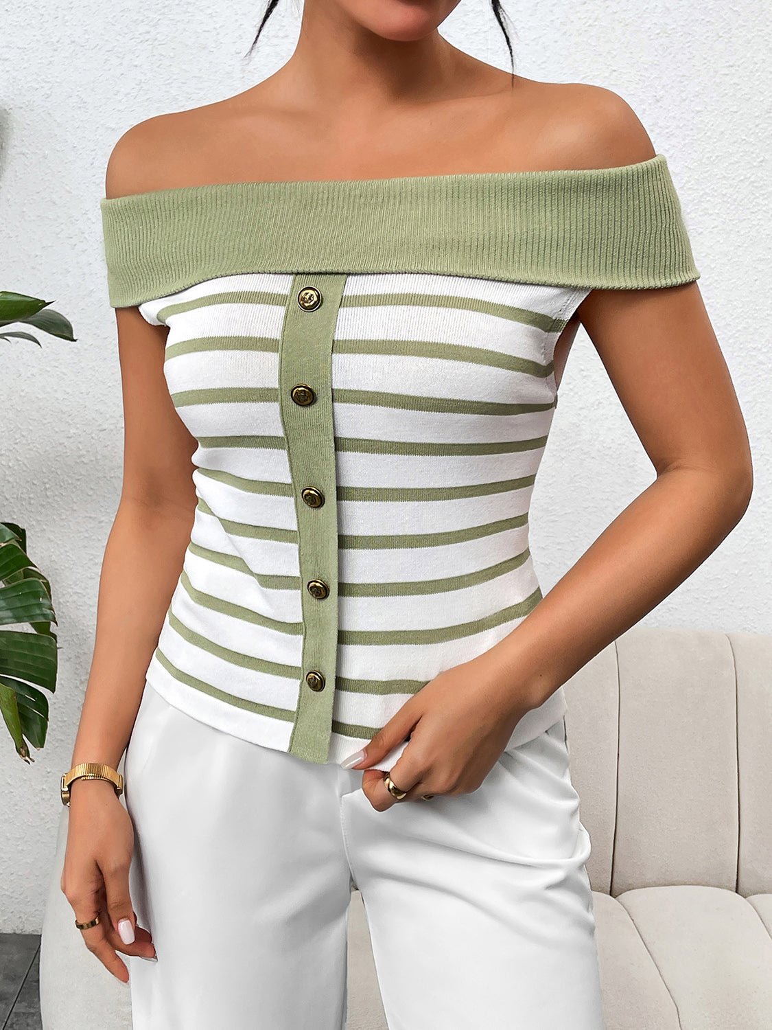 Decorative Button Striped Off - Shoulder Knit Top - Loulou Boutique