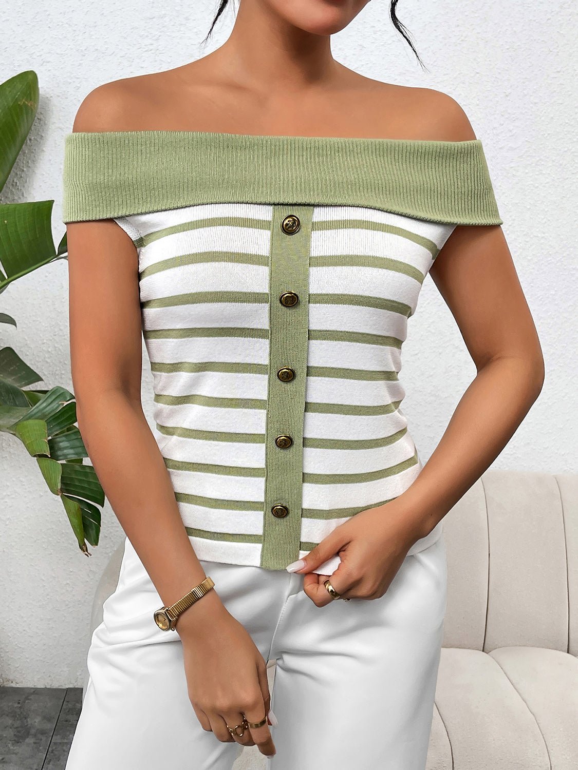 Decorative Button Striped Off - Shoulder Knit Top - Loulou Boutique