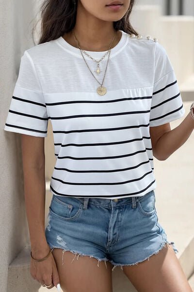 Decorative Button Striped Short Sleeve T - Shirt - Loulou Boutique