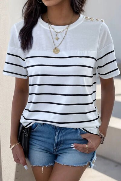 Decorative Button Striped Short Sleeve T - Shirt - Loulou Boutique
