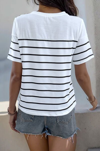 Decorative Button Striped Short Sleeve T - Shirt - Loulou Boutique