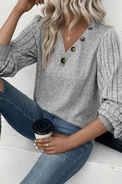 Decorative Button V - Neck Lantern Sleeve Blouse - Loulou Boutique