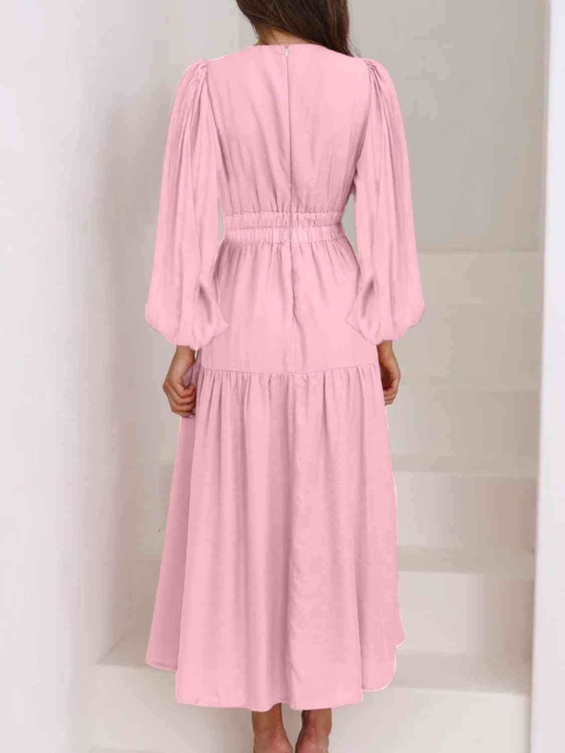 Deep V - Neck Balloon Sleeve Plain Maxi Dress - Loulou Boutique