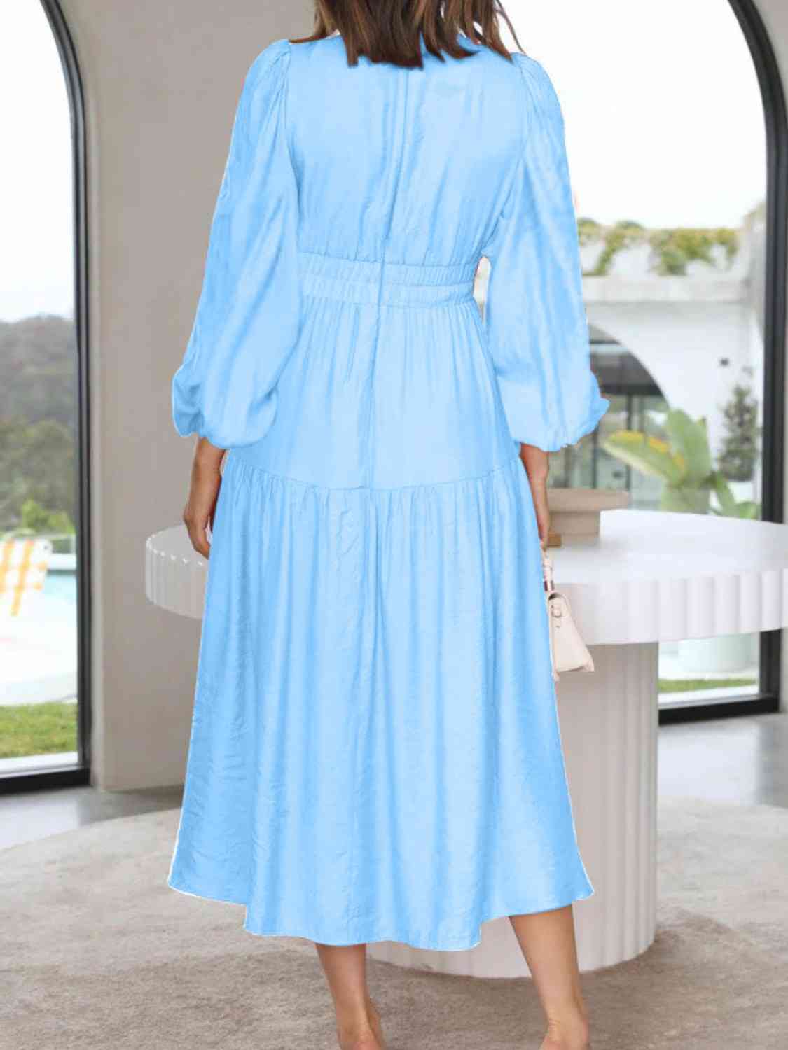 Deep V - Neck Balloon Sleeve Plain Maxi Dress - Loulou Boutique