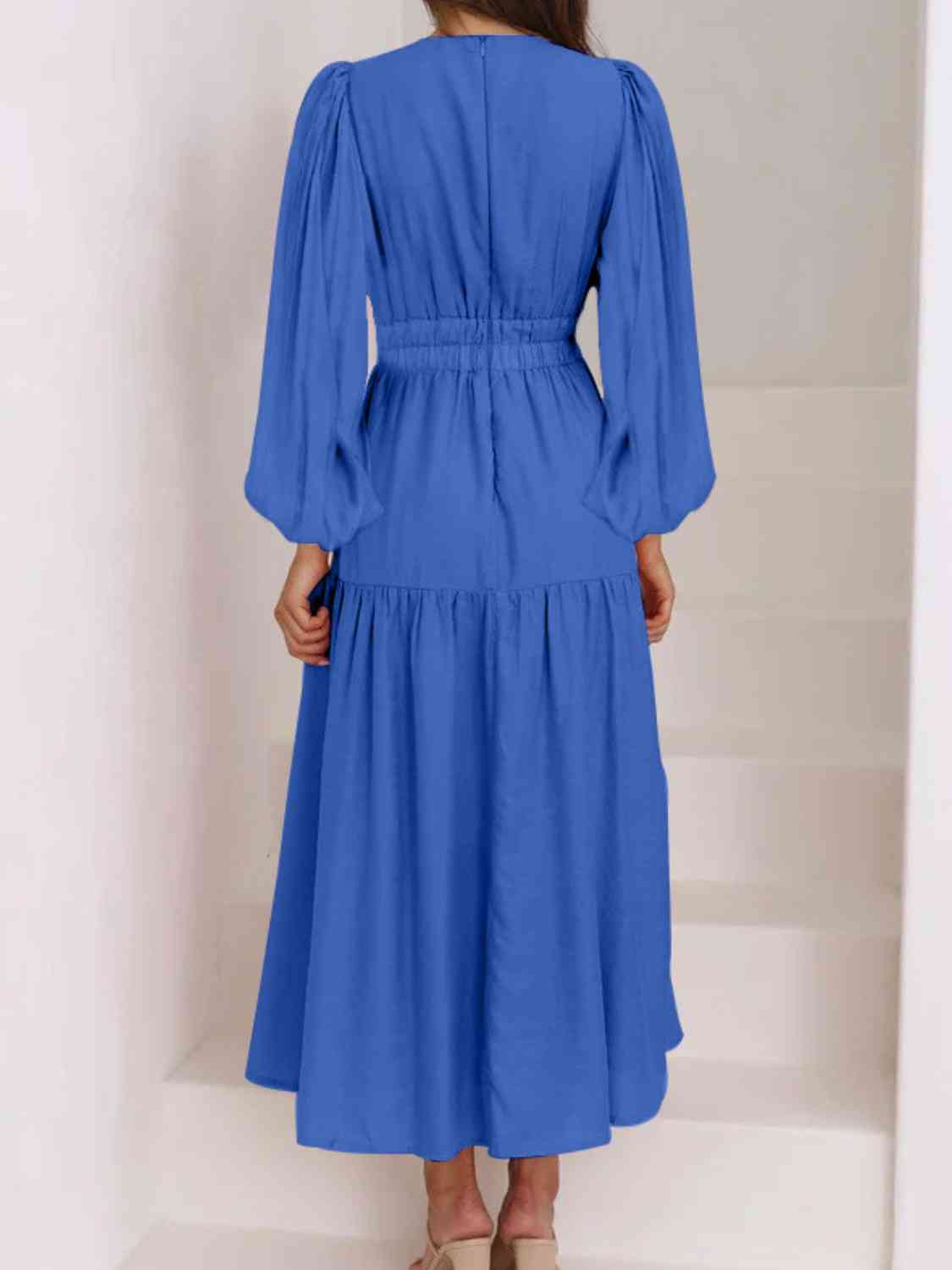 Deep V - Neck Balloon Sleeve Plain Maxi Dress - Loulou Boutique