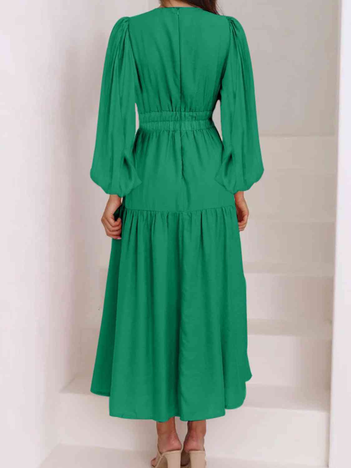 Deep V - Neck Balloon Sleeve Plain Maxi Dress - Loulou Boutique