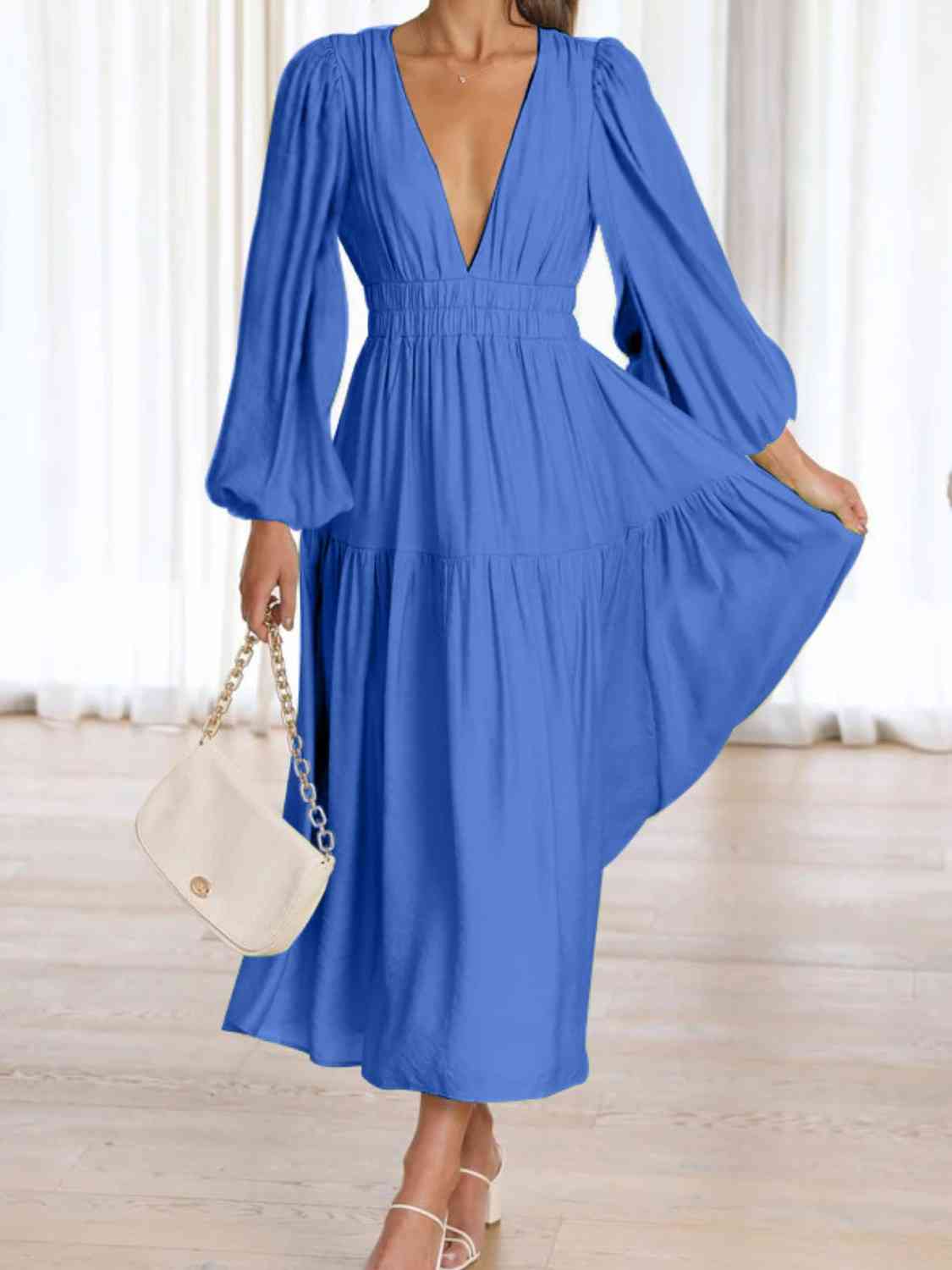 Deep V - Neck Balloon Sleeve Plain Maxi Dress - Loulou Boutique