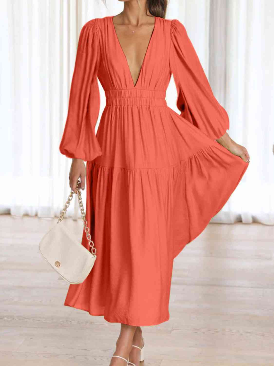 Deep V - Neck Balloon Sleeve Plain Maxi Dress - Loulou Boutique