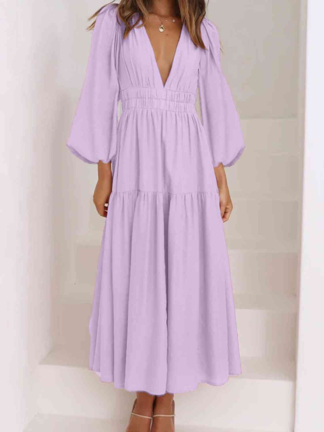 Deep V - Neck Balloon Sleeve Plain Maxi Dress - Loulou Boutique