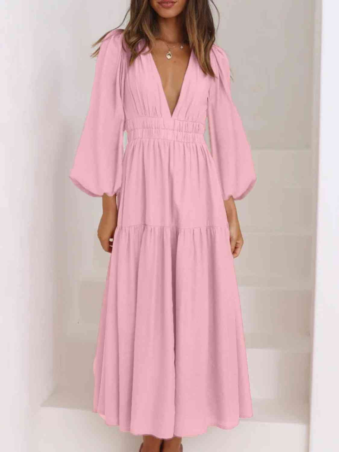 Deep V - Neck Balloon Sleeve Plain Maxi Dress - Loulou Boutique