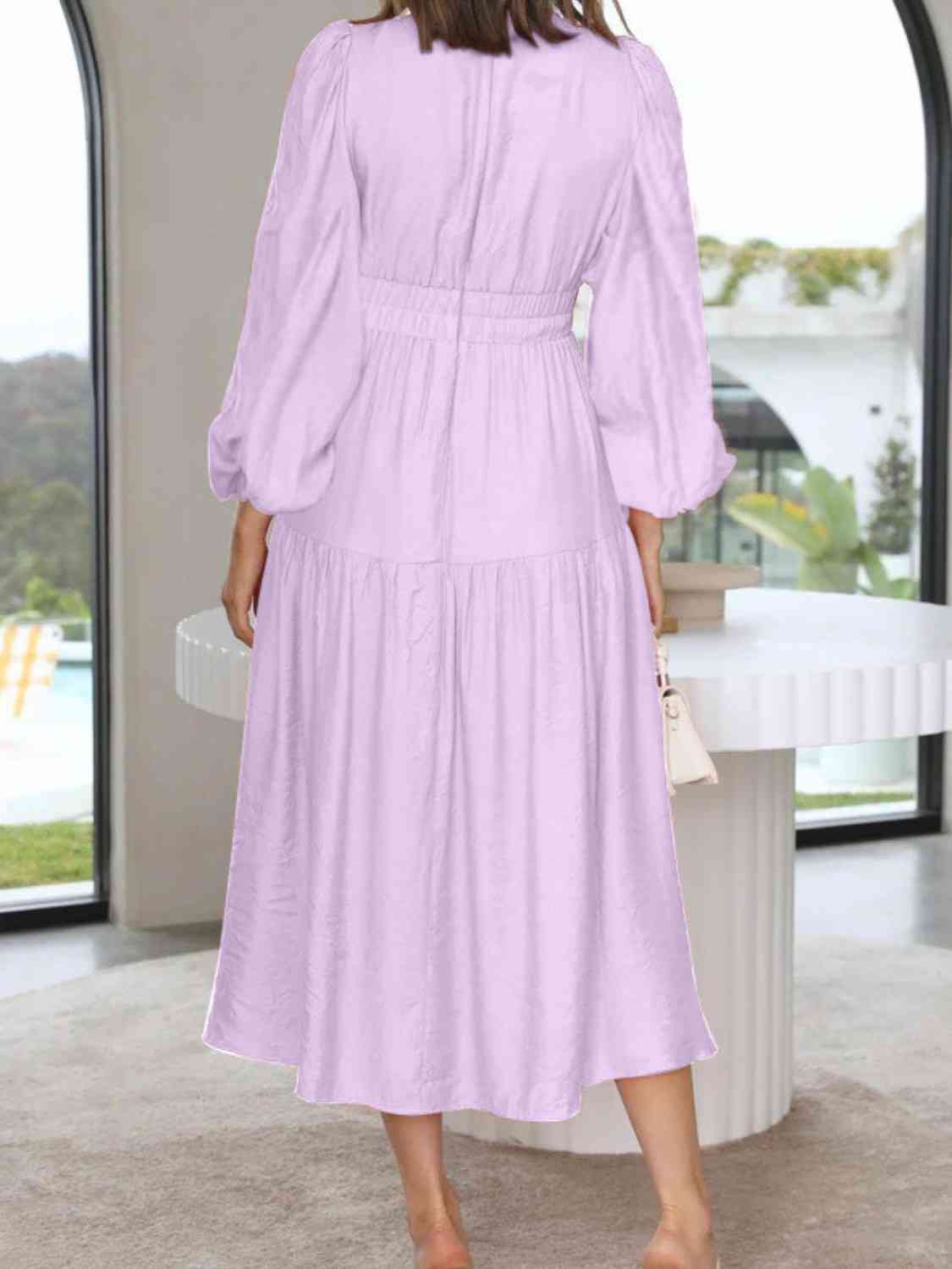 Deep V - Neck Balloon Sleeve Plain Maxi Dress - Loulou Boutique