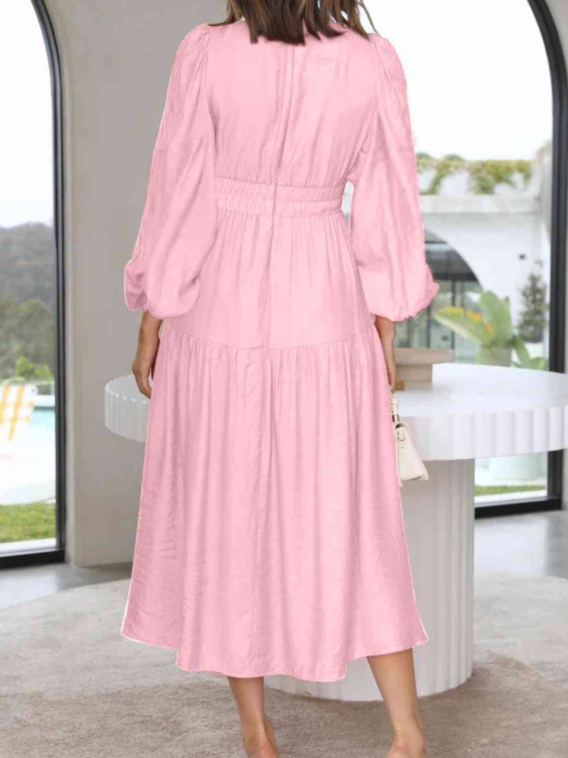 Deep V - Neck Balloon Sleeve Plain Maxi Dress - Loulou Boutique