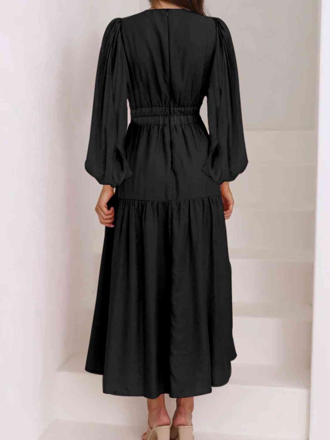 Deep V - Neck Balloon Sleeve Plain Maxi Dress - Loulou Boutique
