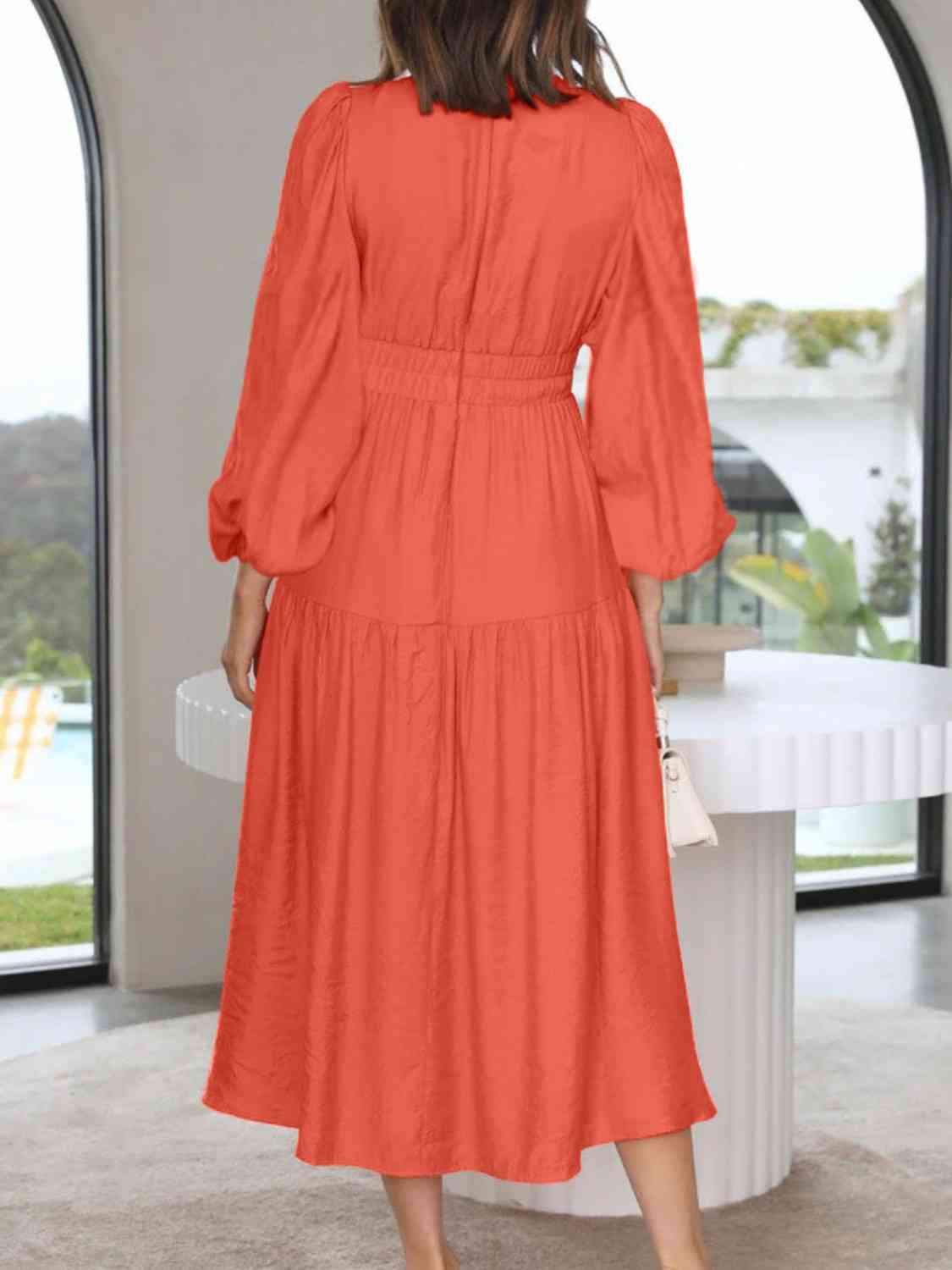 Deep V - Neck Balloon Sleeve Plain Maxi Dress - Loulou Boutique