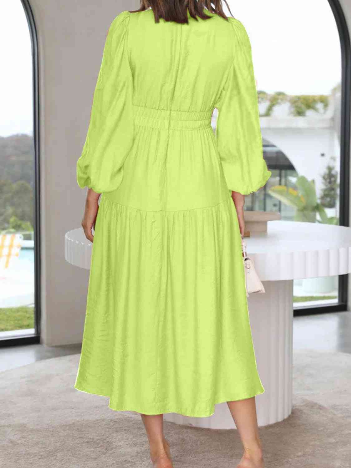 Deep V - Neck Balloon Sleeve Plain Maxi Dress - Loulou Boutique