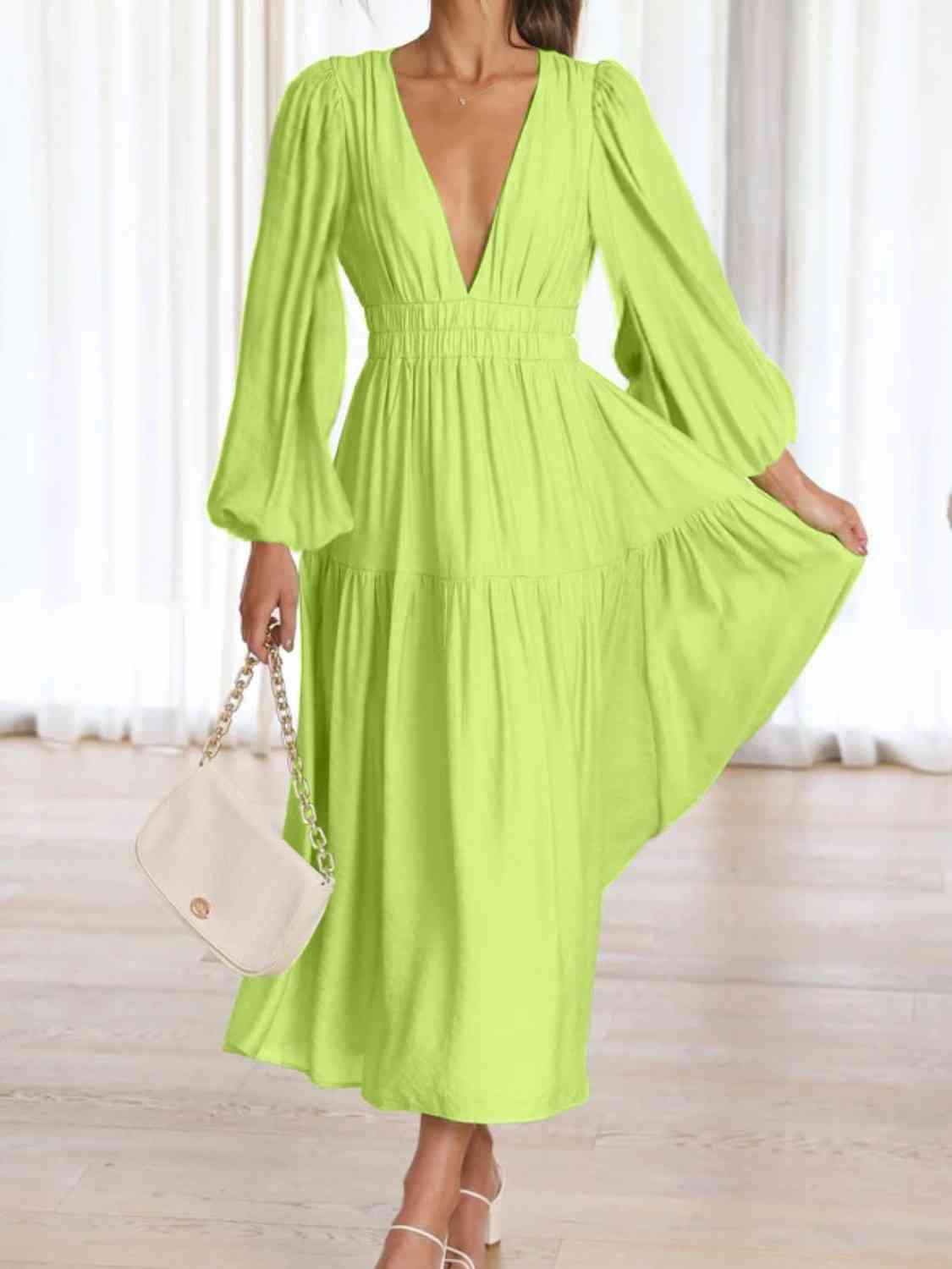 Deep V - Neck Balloon Sleeve Plain Maxi Dress - Loulou Boutique