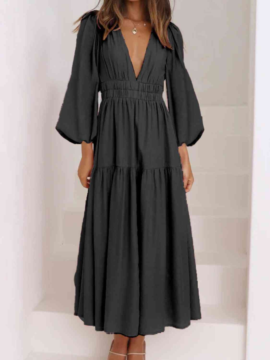 Deep V - Neck Balloon Sleeve Plain Maxi Dress - Loulou Boutique