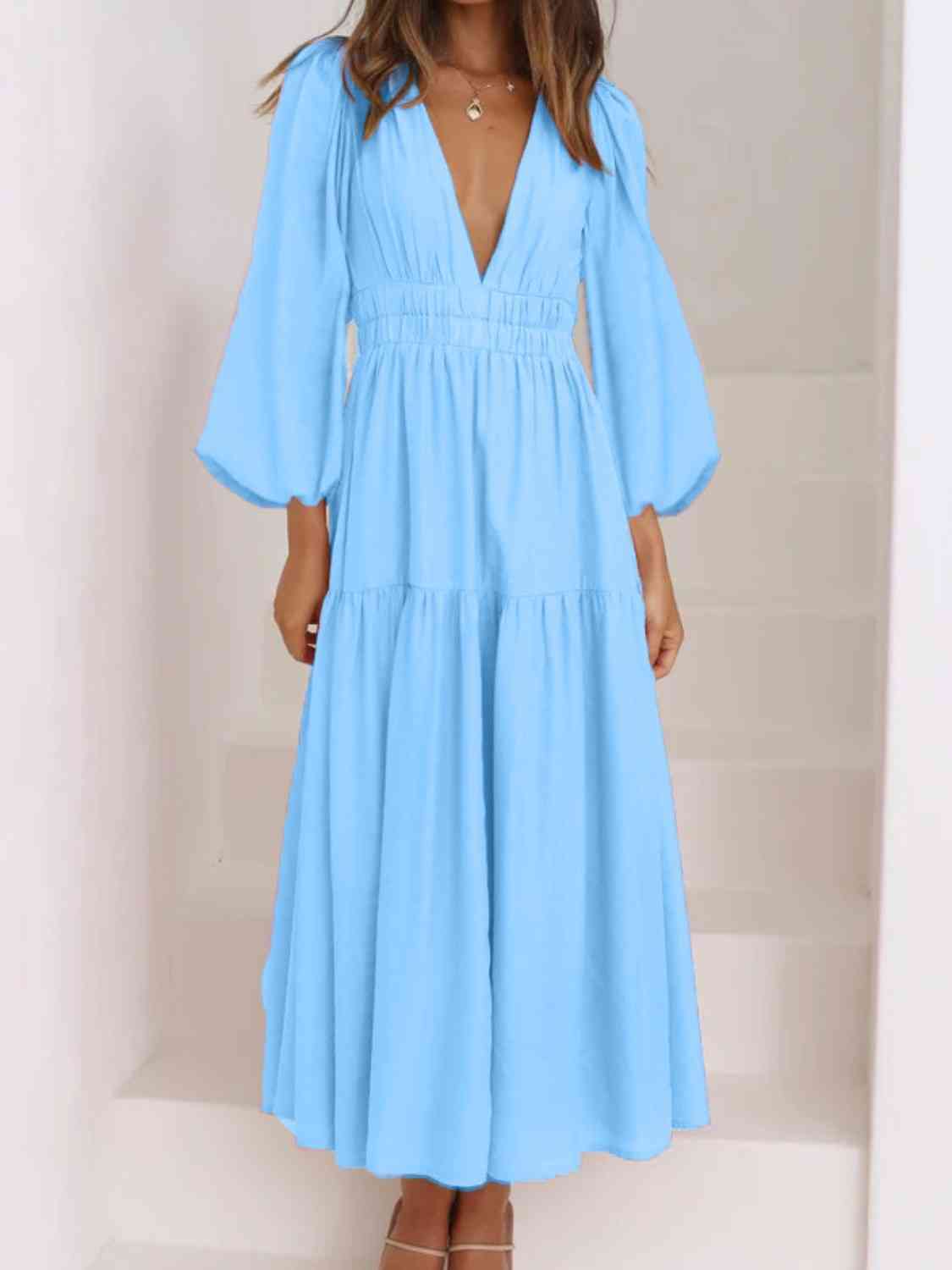 Deep V - Neck Balloon Sleeve Plain Maxi Dress - Loulou Boutique