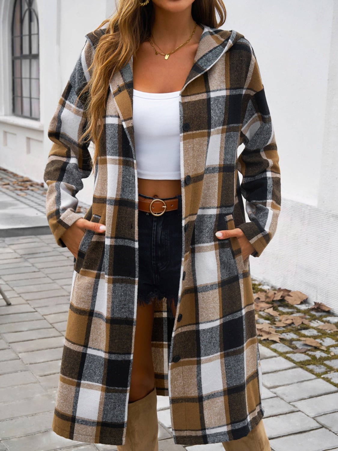 Devine Plaid Long Sleeve Hooded Coat - Loulou Boutique