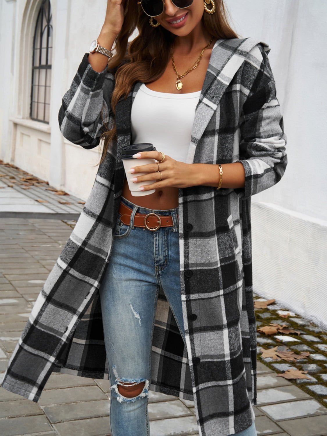 Devine Plaid Long Sleeve Hooded Coat - Loulou Boutique