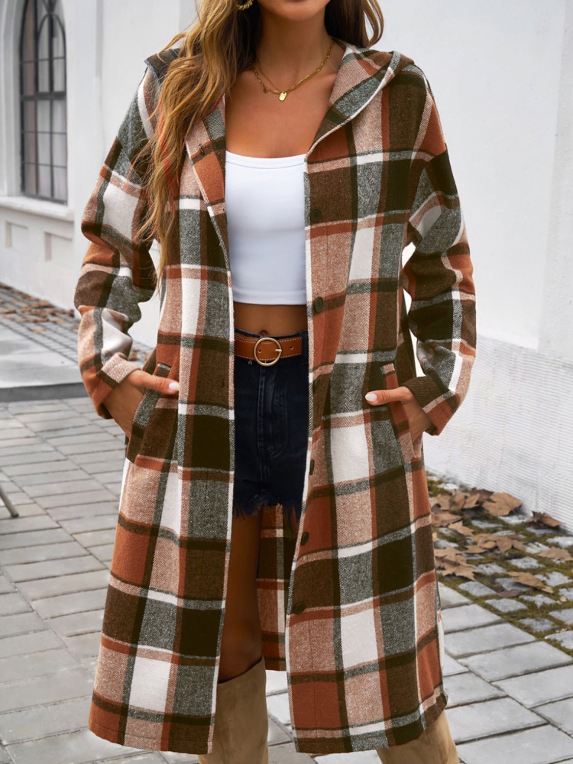 Devine Plaid Long Sleeve Hooded Coat - Loulou Boutique