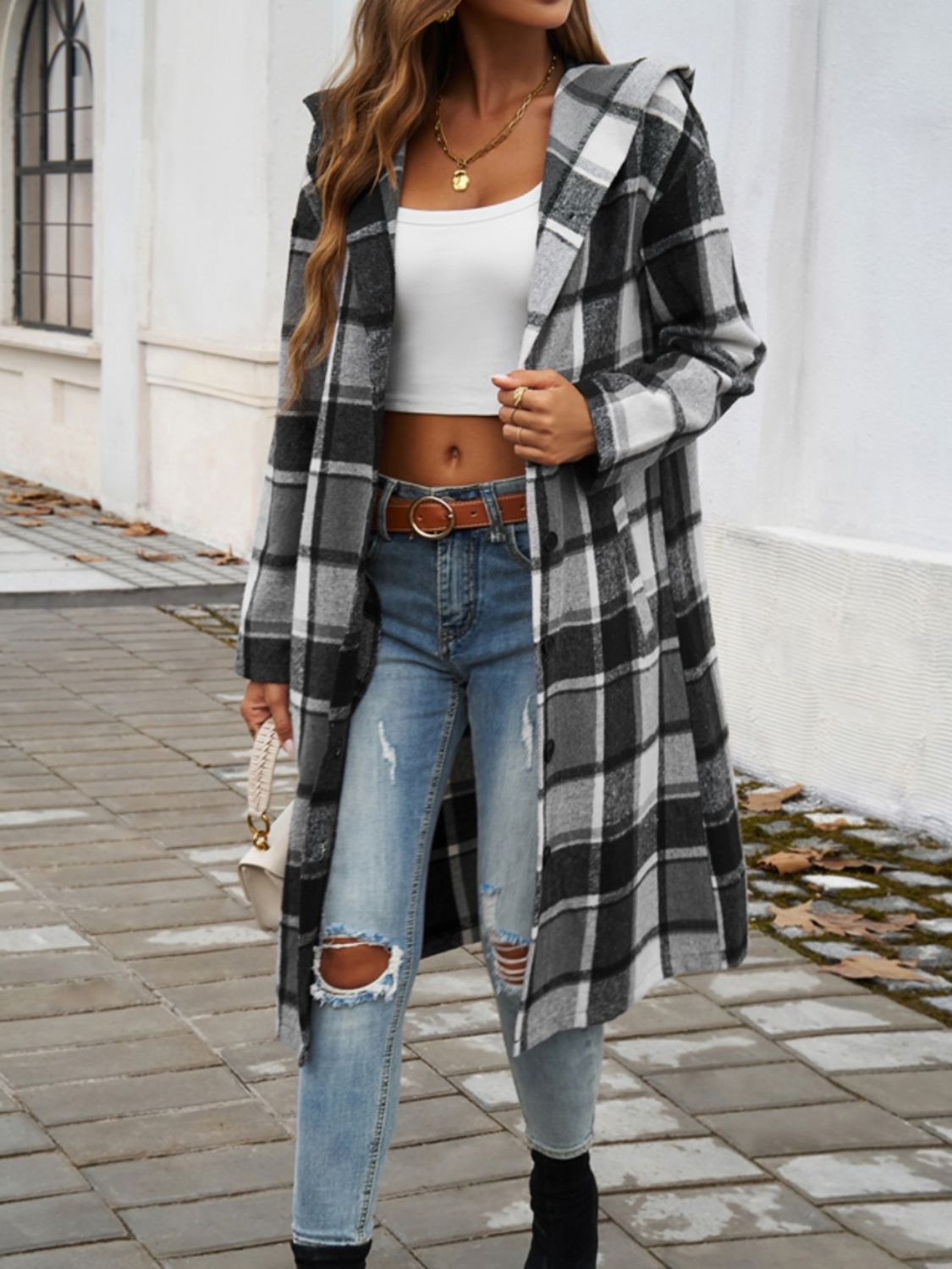 Devine Plaid Long Sleeve Hooded Coat - Loulou Boutique