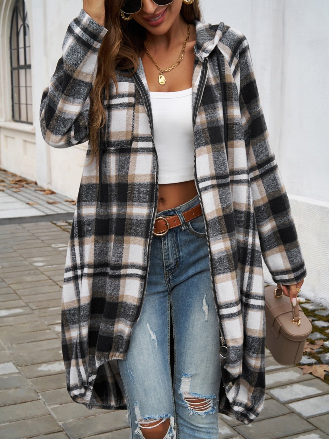 Devine Plaid Zip Up Hooded Coat - Loulou Boutique