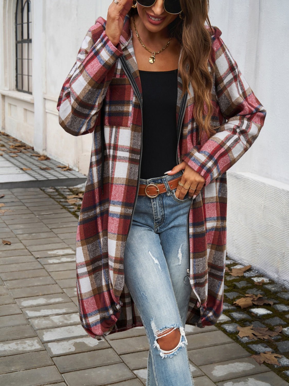 Devine Plaid Zip Up Hooded Coat - Loulou Boutique