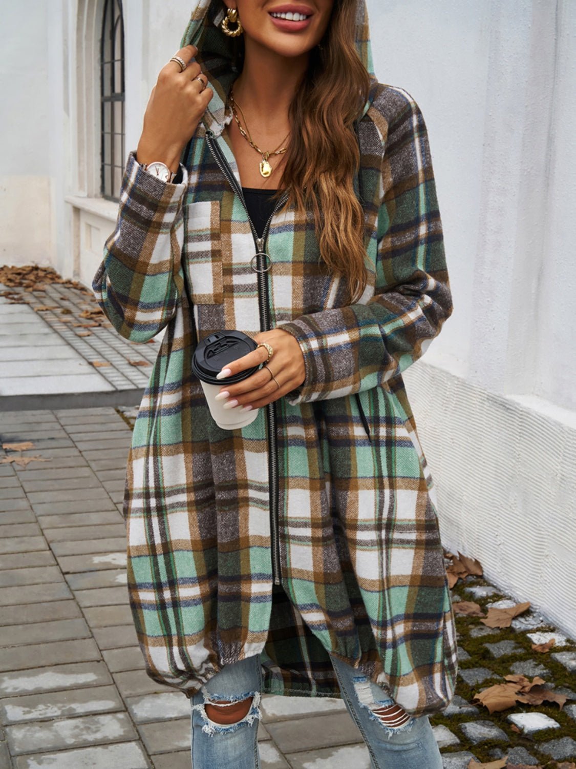 Devine Plaid Zip Up Hooded Coat - Loulou Boutique