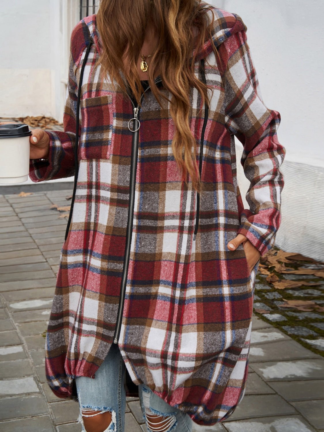 Devine Plaid Zip Up Hooded Coat - Loulou Boutique