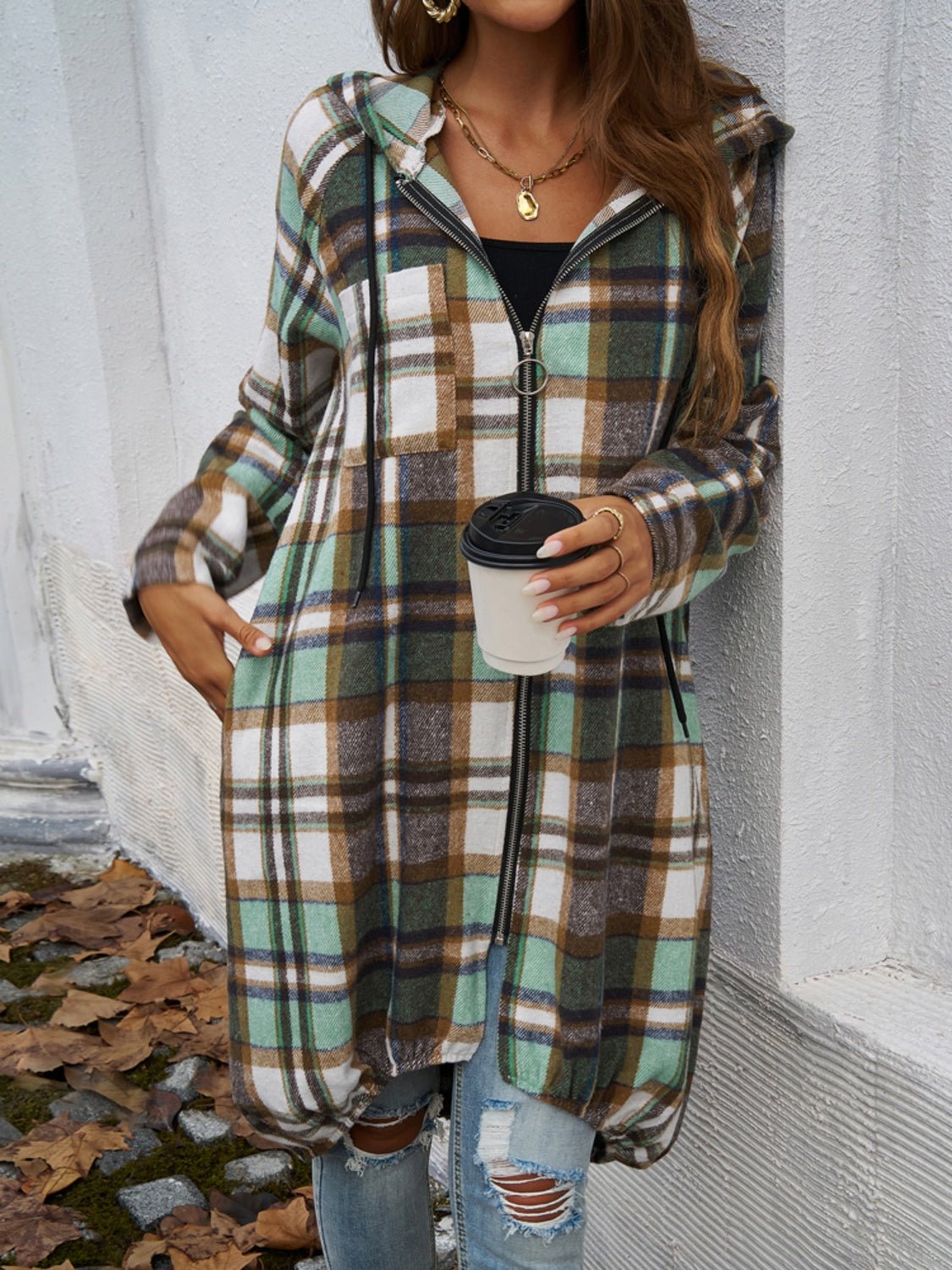 Devine Plaid Zip Up Hooded Coat - Loulou Boutique