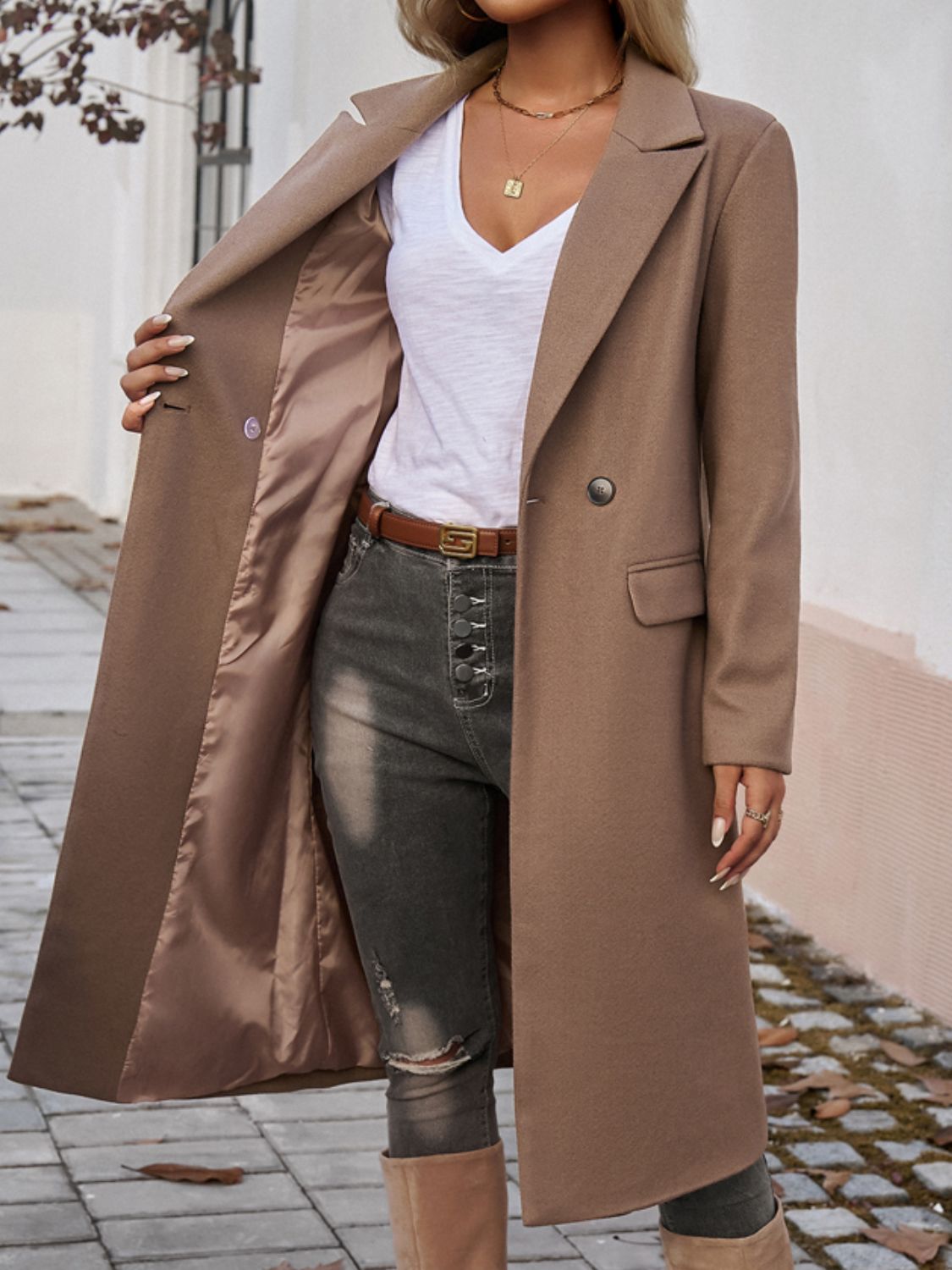Devine Pocketed Collared Neck Long Sleeve Coat - Loulou Boutique