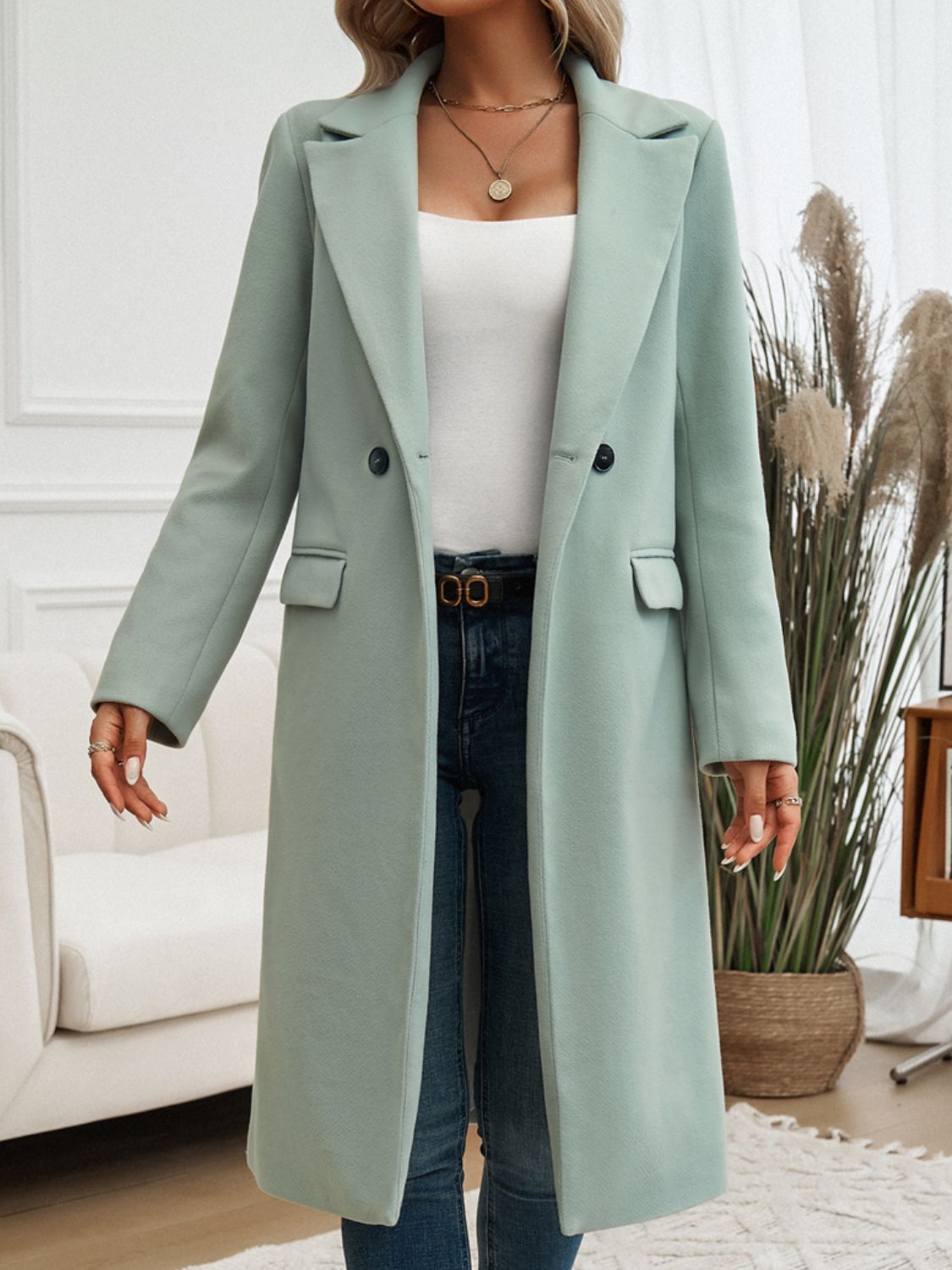 Devine Pocketed Collared Neck Long Sleeve Coat - Loulou Boutique