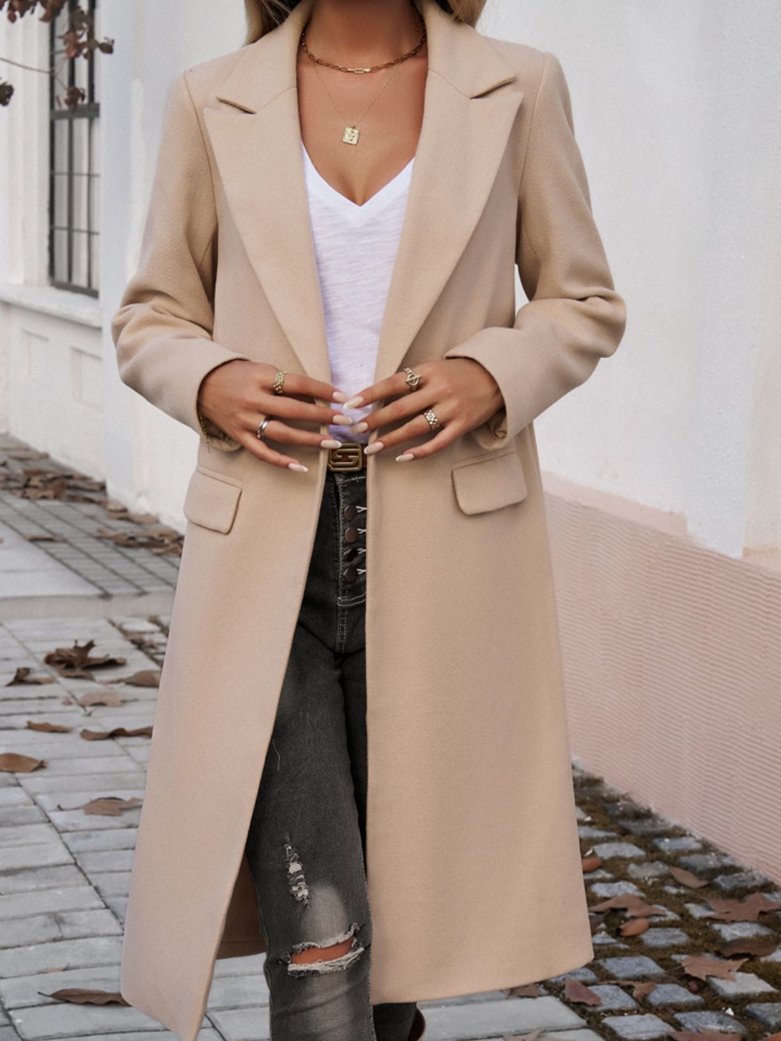 Devine Pocketed Collared Neck Long Sleeve Coat - Loulou Boutique