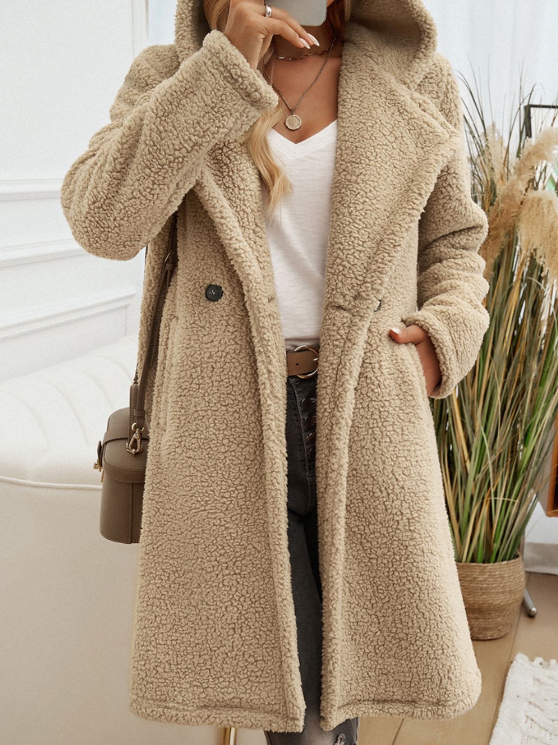 Devine Pocketed Long Sleeve Hooded Teddy Coat - Loulou Boutique