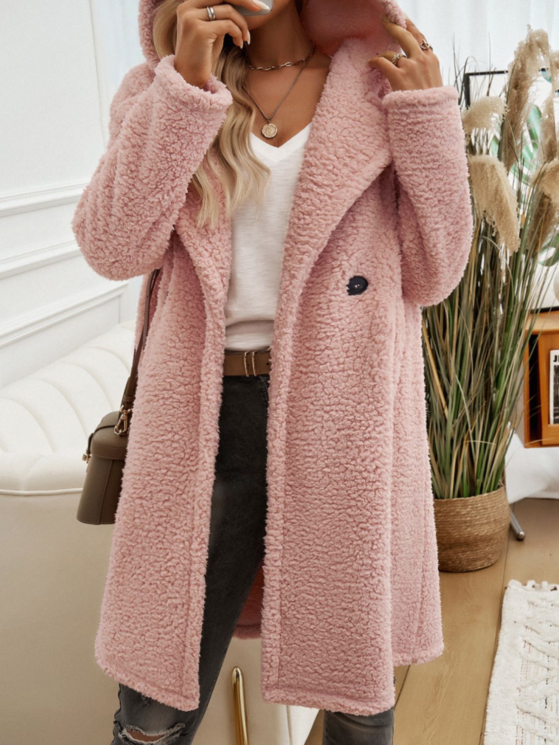 Devine Pocketed Long Sleeve Hooded Teddy Coat - Loulou Boutique
