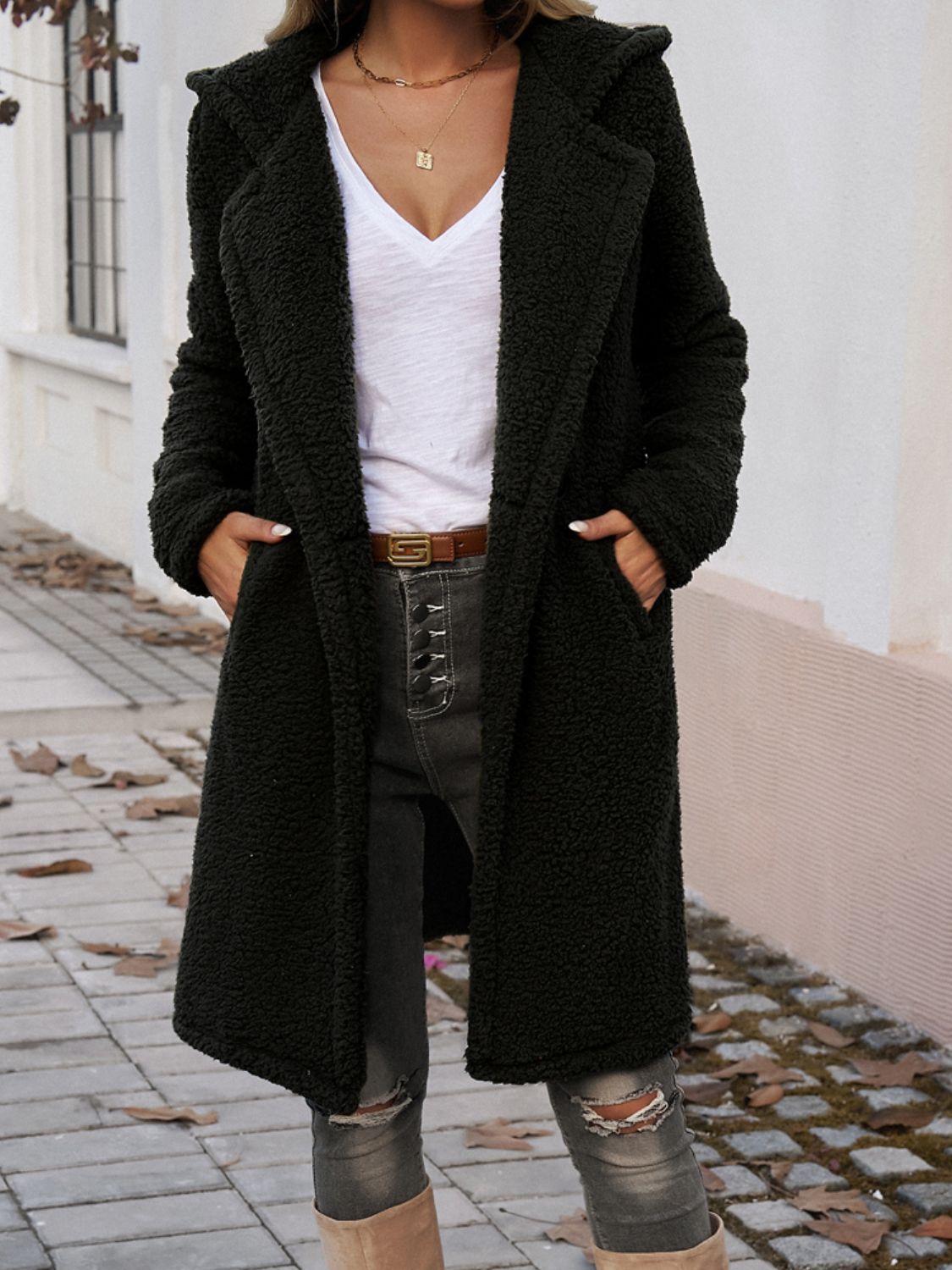 Devine Pocketed Long Sleeve Hooded Teddy Coat - Loulou Boutique