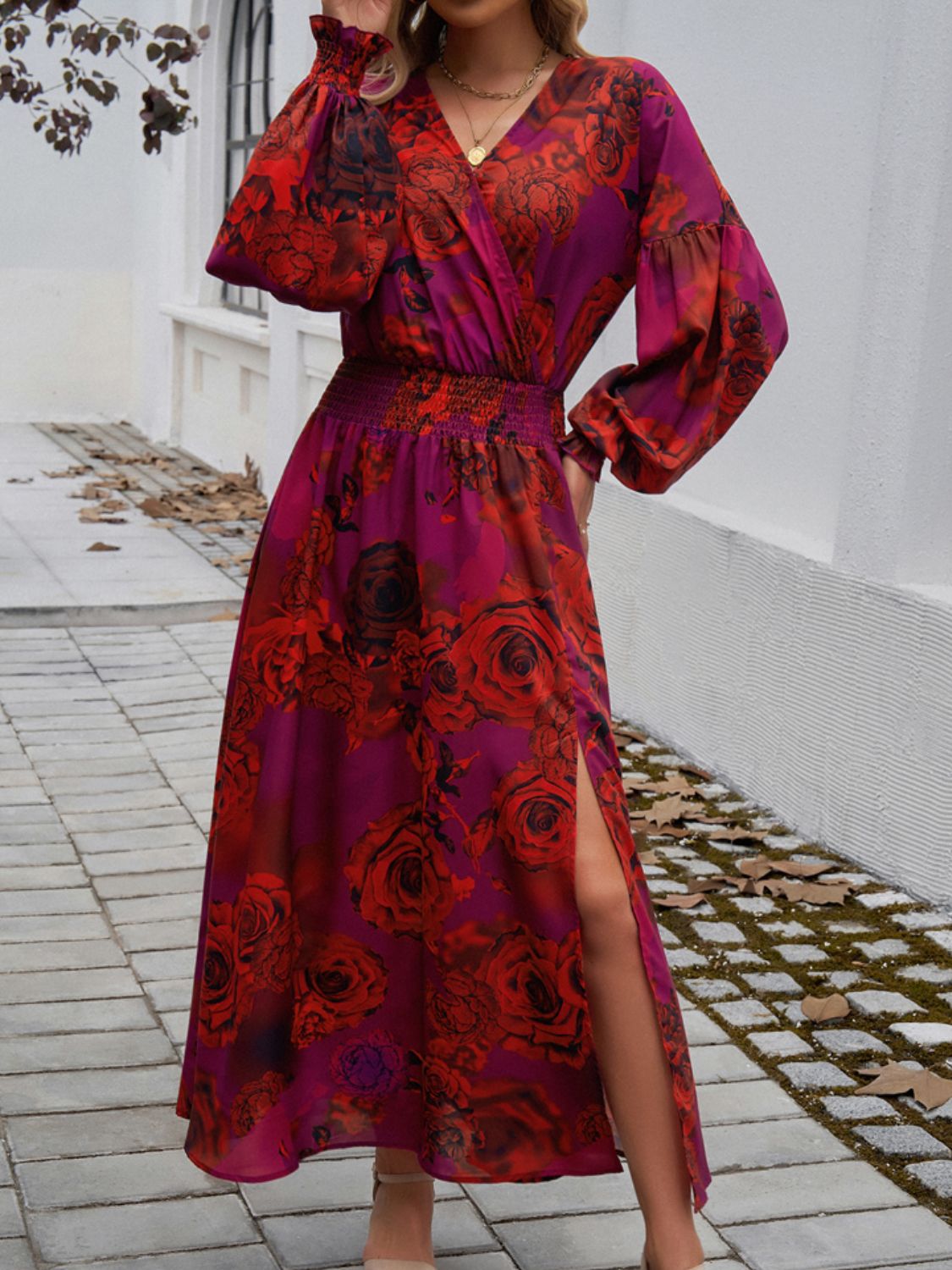 Devine Split Printed Surplice Long Sleeve Midi Dress - Loulou Boutique