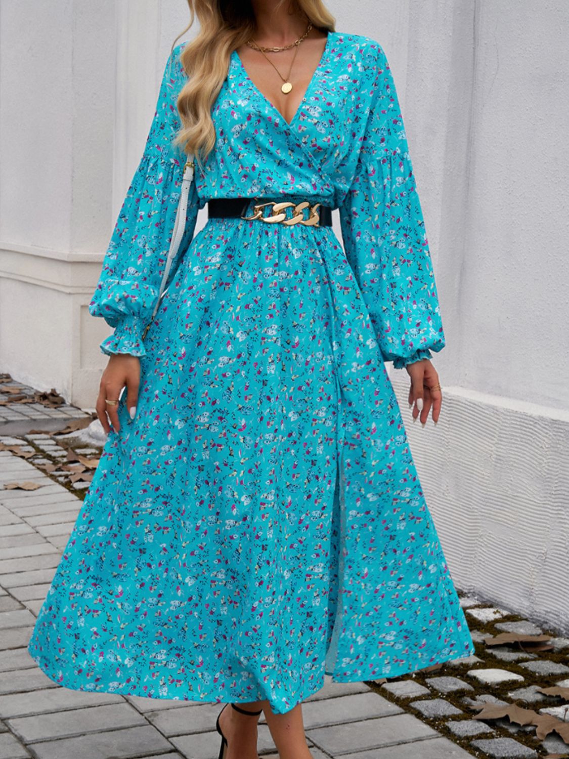 Devine Split Printed Surplice Long Sleeve Midi Dress - Loulou Boutique