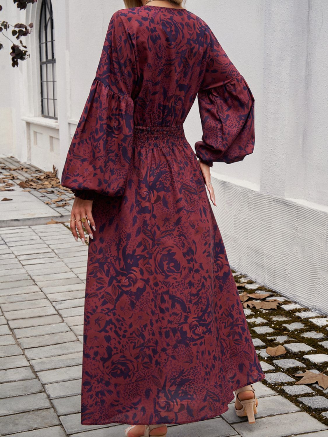 Devine Split Printed Surplice Long Sleeve Midi Dress - Loulou Boutique