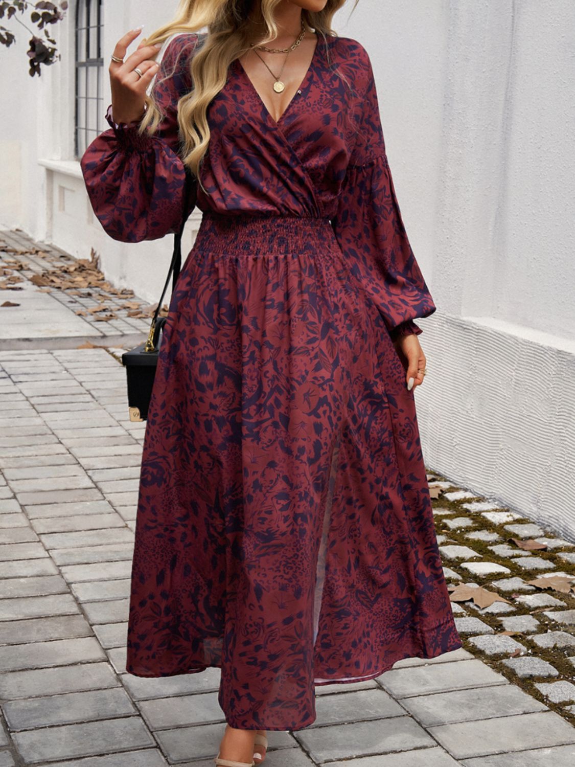 Devine Split Printed Surplice Long Sleeve Midi Dress - Loulou Boutique