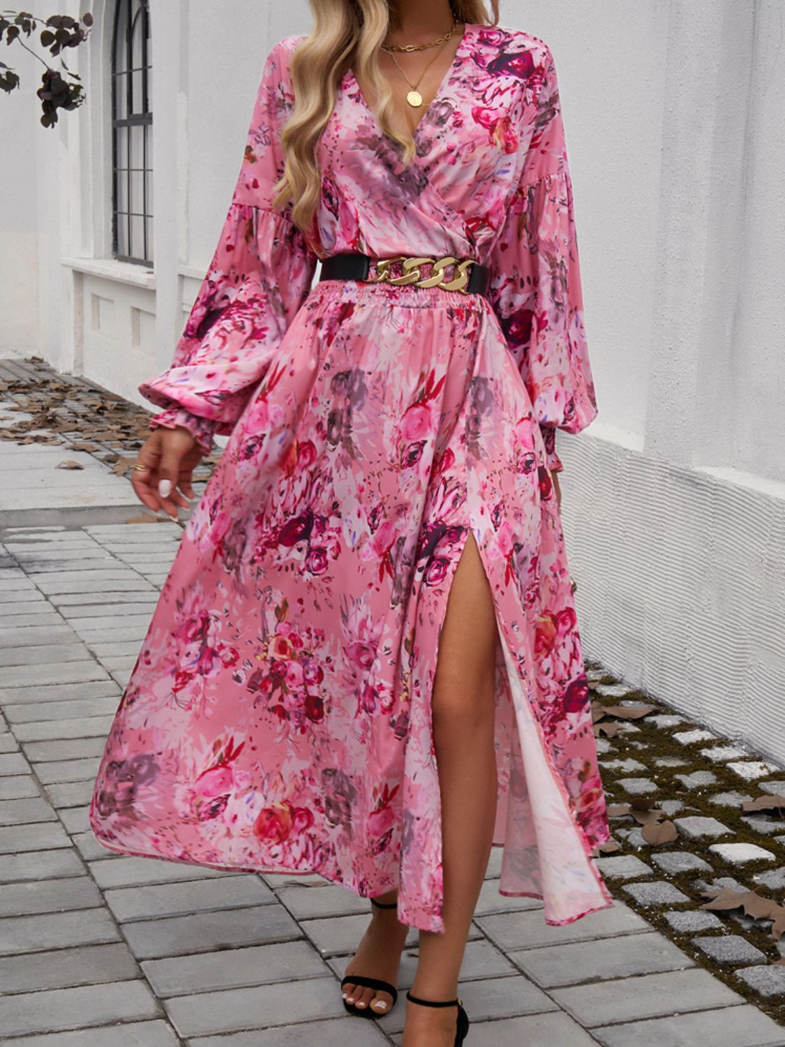Devine Split Printed Surplice Long Sleeve Midi Dress - Loulou Boutique