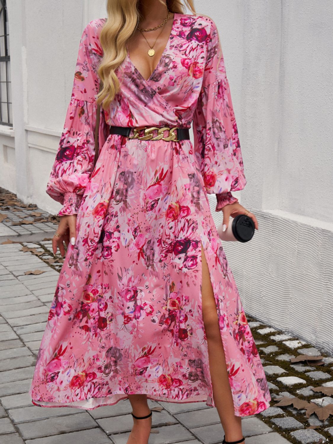 Devine Split Printed Surplice Long Sleeve Midi Dress - Loulou Boutique