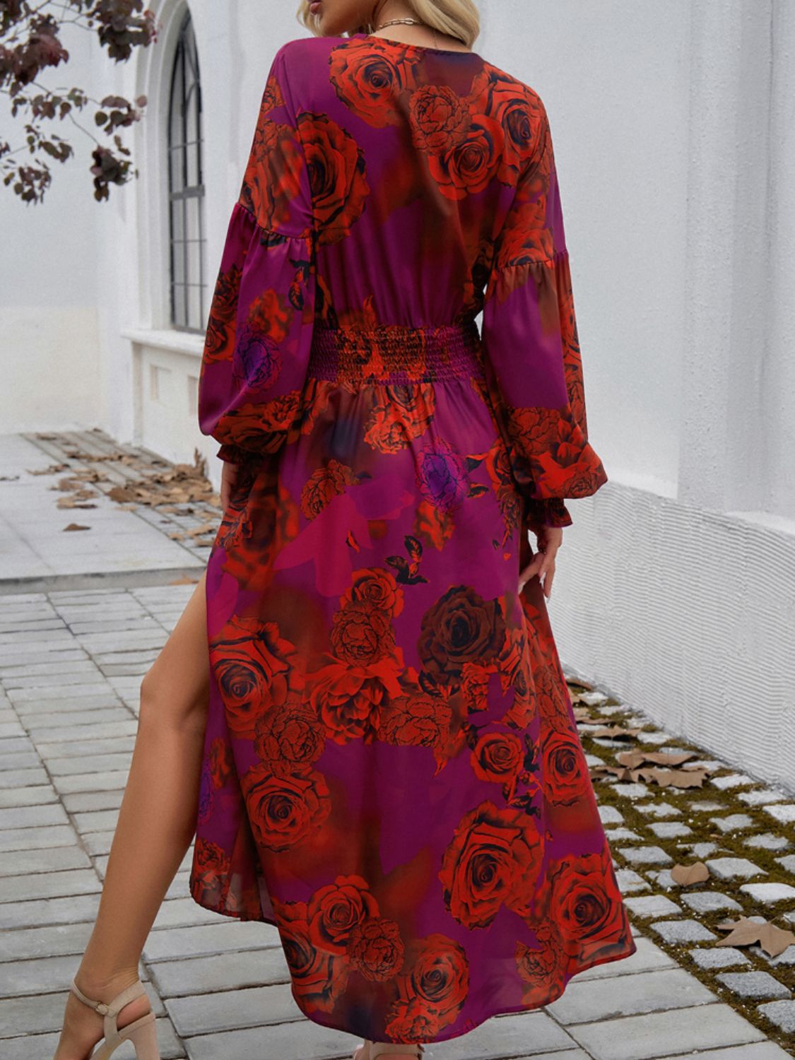 Devine Split Printed Surplice Long Sleeve Midi Dress - Loulou Boutique