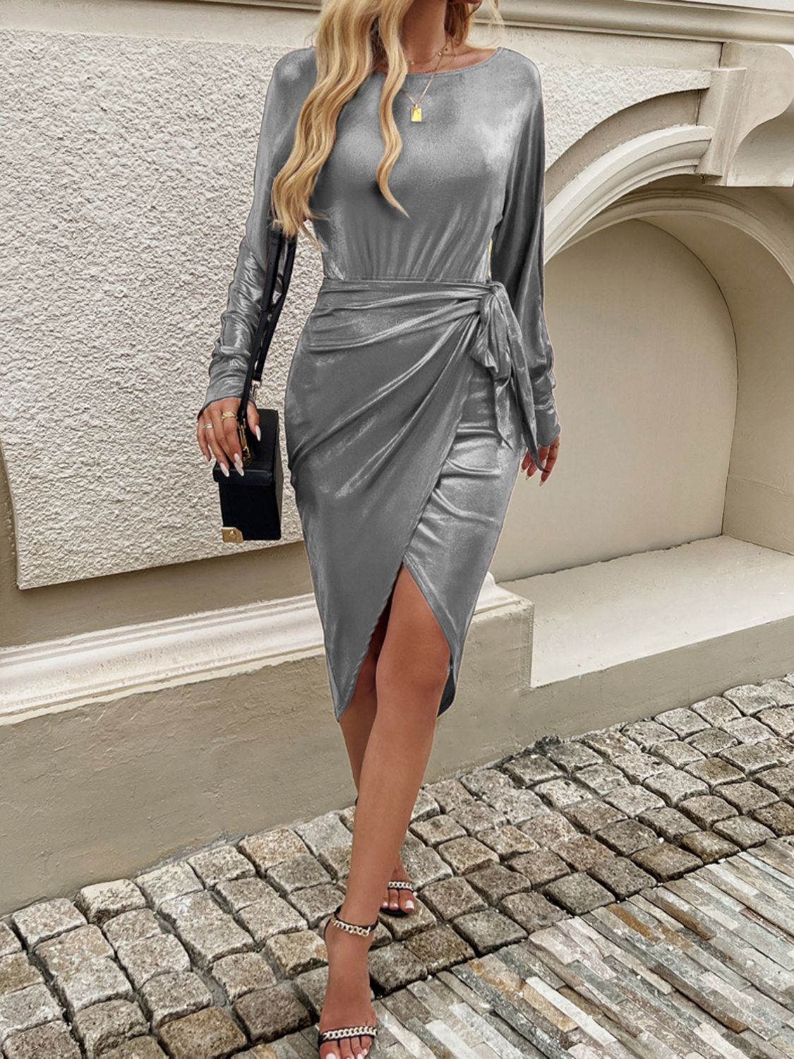 Devine Tied Boat Neck Long Sleeve Dress - Loulou Boutique