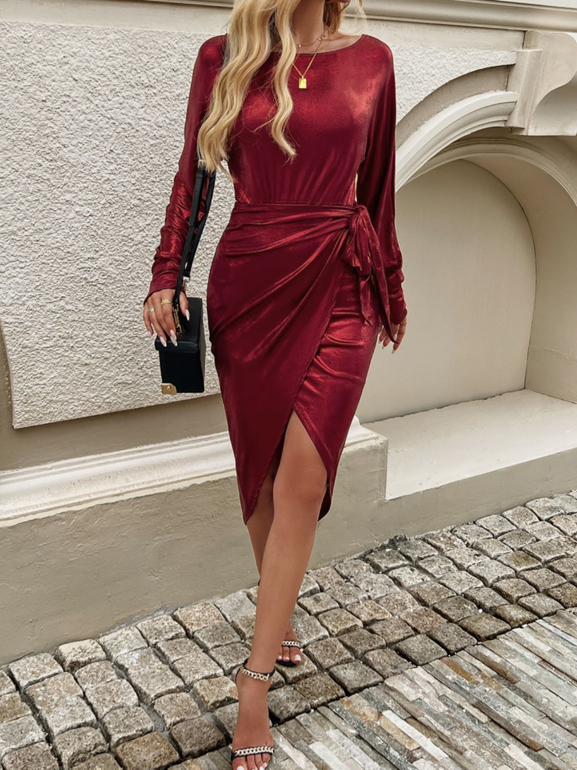 Devine Tied Boat Neck Long Sleeve Dress - Loulou Boutique