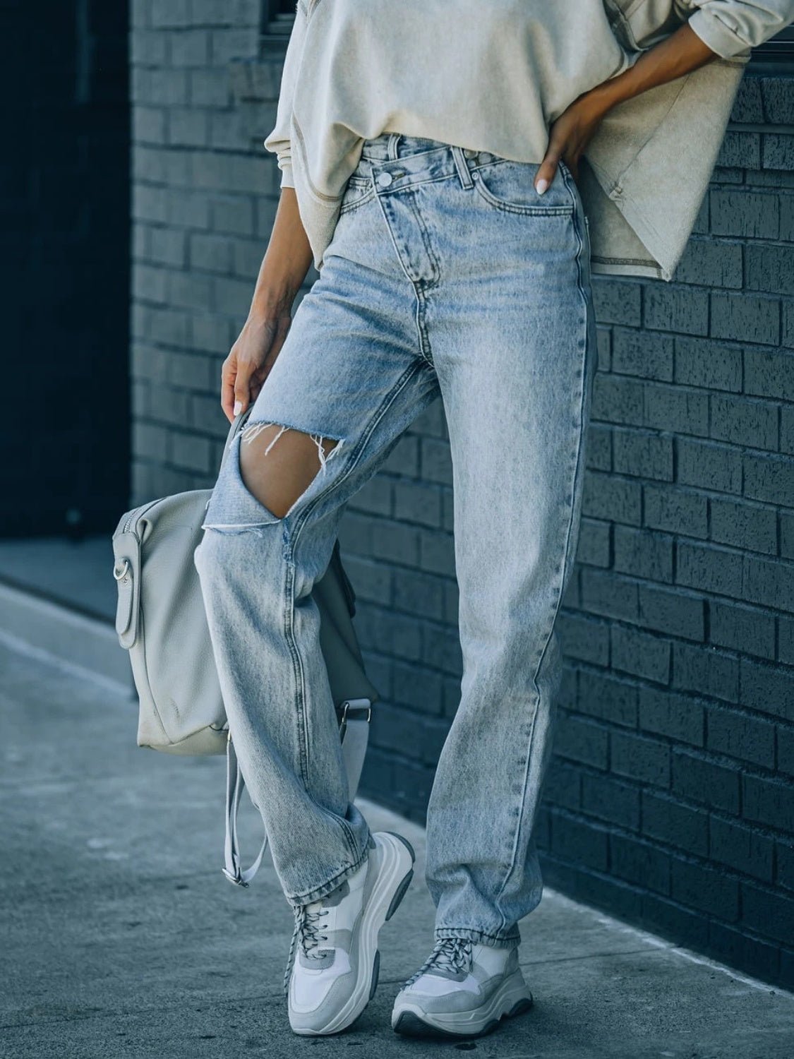 Distressed Asymmetric Waist Jeans - Loulou Boutique